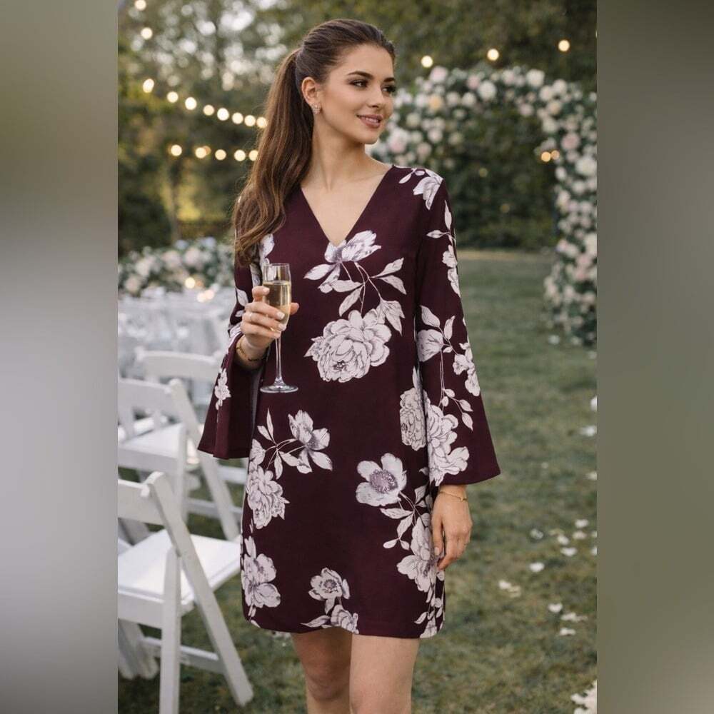 Dynamite Floral Shift‎ Dress Burgundy V-Neck | modern feminine chic medium